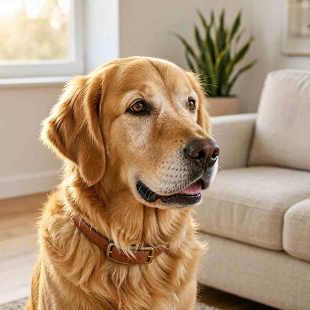 Golden Retriever in the living room at home on the couch