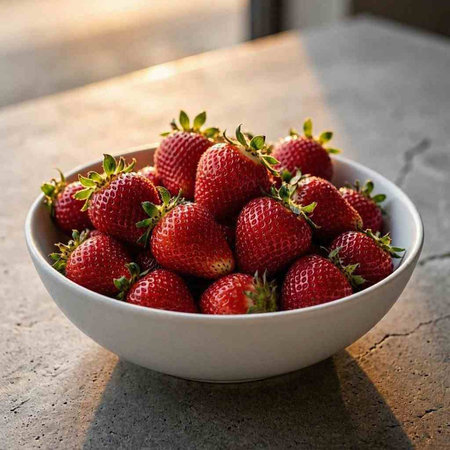 Strawberries in a white bowl on the table. Selective focus.
