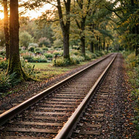 Railway tracks in the park at sunset, with trees in the background