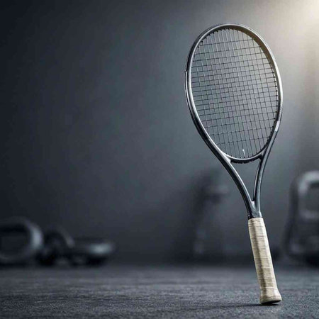 Tennis racket on a dark background with copy space. Sport concept