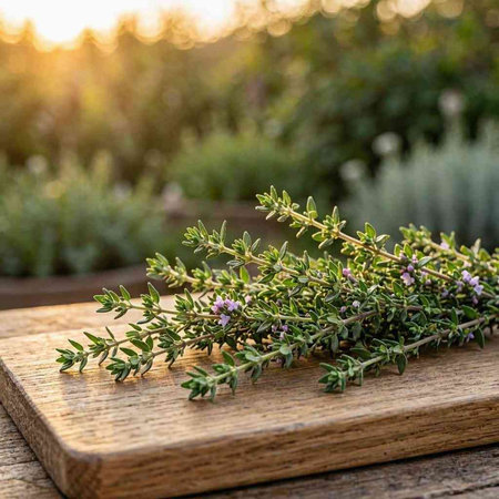 Fresh thyme on a wooden board in the garden at sunset.