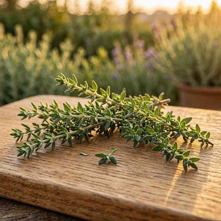 Fresh thyme sprigs on a wooden board in the garden