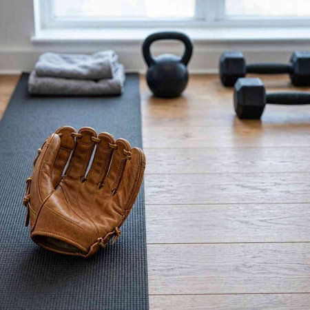 Dumbbells, gloves and towel on yoga mat in a room.