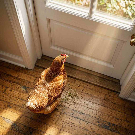 chicken sitting on the floor near the window in the morning light
