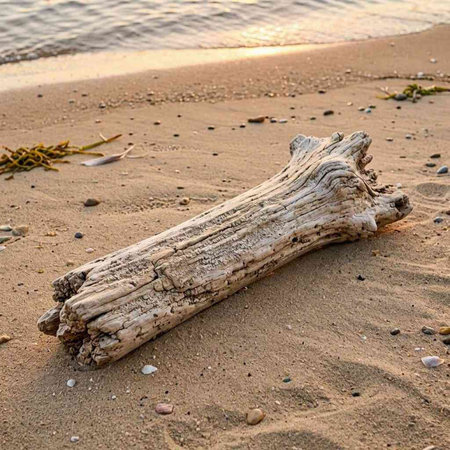 Wooden driftwood on the beach, Baltic Sea, Poland.