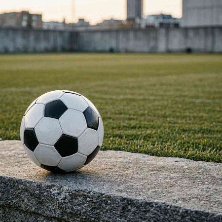 Soccer ball on the grass of a soccer field in the evening