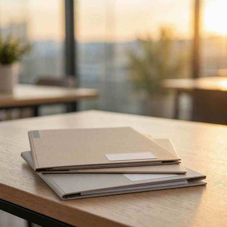 Stack of business cards on a table in a cafe. Copy space.