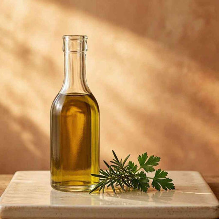 Olive oil in a glass bottle with a sprig of parsley