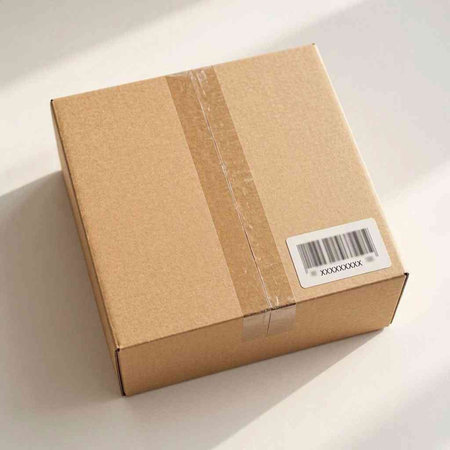 Cardboard box with barcode on white background, 3d illustration