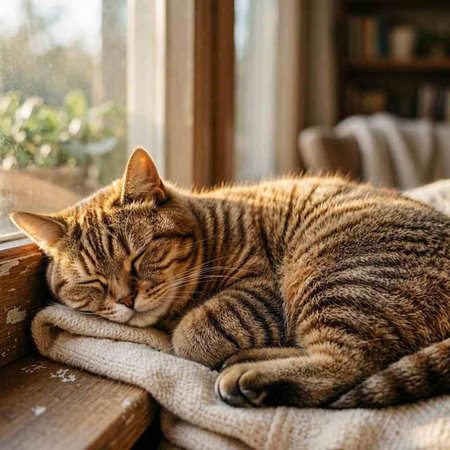 Cute tabby cat sleeping on the windowsill at home.