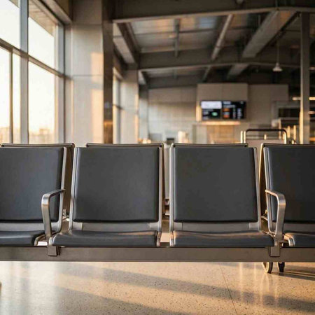 Waiting area in the airport terminal. Waiting room with black chairs.