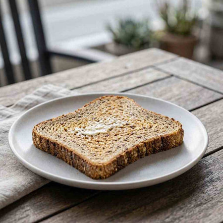Sliced rye bread on a plate on a wooden table.