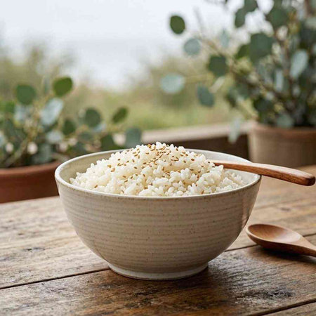 White rice in a bowl on a wooden table in a garden.