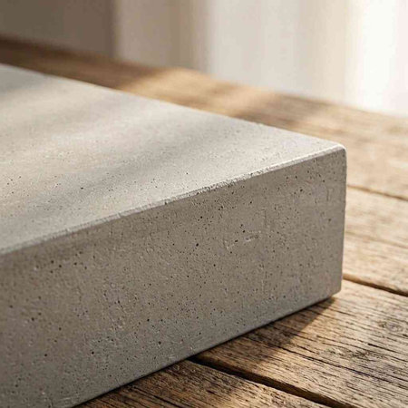 Concrete block on a wooden table. Close-up. Copy space.