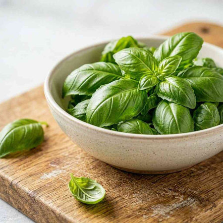 Fresh basil leaves in a bowl on a wooden board, selective focus.