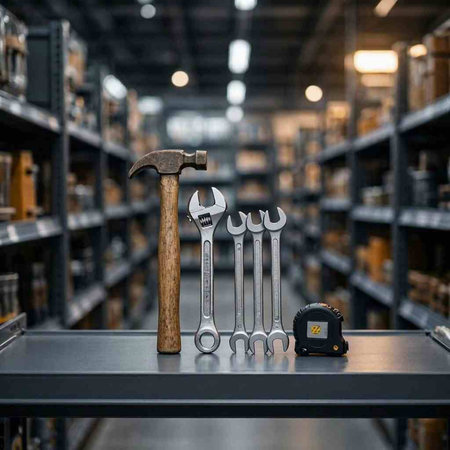 Hammer and wrench on a shelf in a warehouse. Work tools.