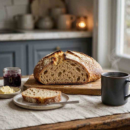 Sliced bread and cup of coffee on the kitchen table.