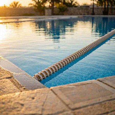 Swimming pool with clear blue water at sunset. Selective focus.