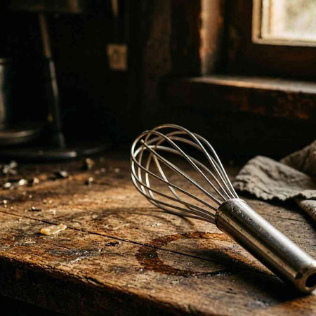 Vintage kitchen utensils on rustic wooden table, selective focus