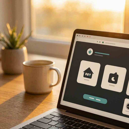 Real estate and home loan concept with house icons on a laptop screen