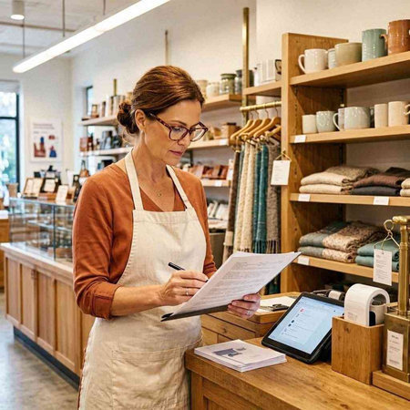 Mature female shop assistant in apron standing in front of coffee shop counter and taking notes