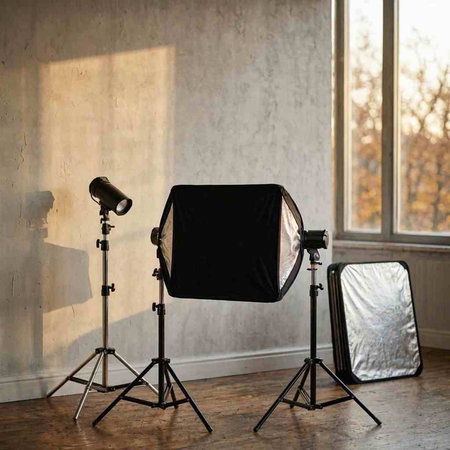 Photo studio with equipment and lighting equipment on the background of the window