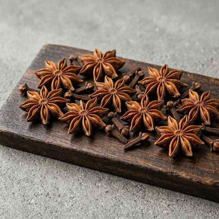 Star anise spice on a wooden board on a gray background.