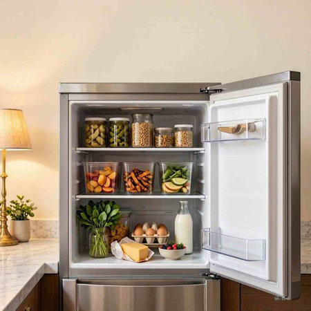 Refrigerator full of food and drinks in a modern kitchen.