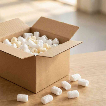 White marshmallows in a cardboard box on a wooden table.