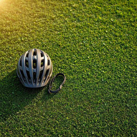 Bicycle helmet on green grass. Bicycle helmet on green grass.