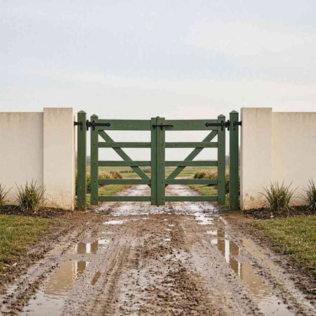 A green gate on a muddy road in the countryside with a cloudy sky