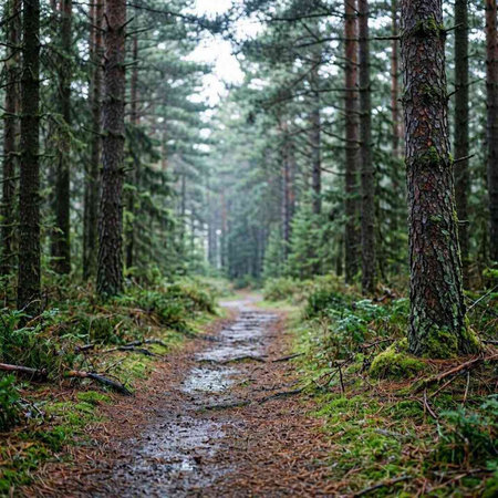 Path in the forest. Pine, spruce, birch, pine trees and moss.