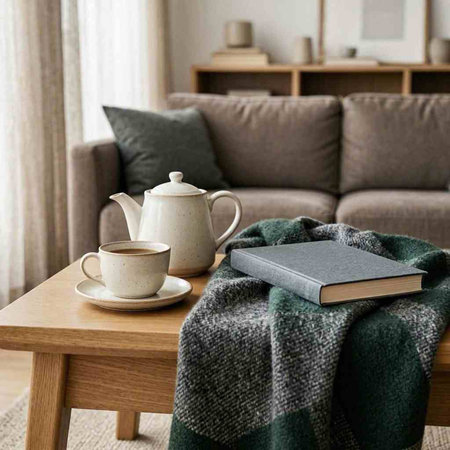 Cozy living room with coffee cup, book and plaid on wooden table.
