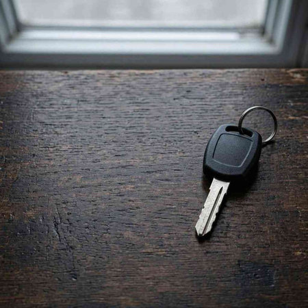 Car key on the wooden door with copy space for your text.