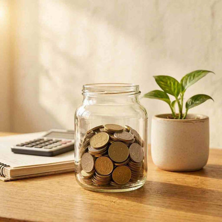 Coins in a glass jar on a wooden table. Saving money concept.