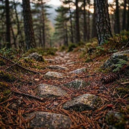 Stone path in the pine forest at sunset. Selective focus.