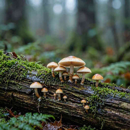 Mushrooms on a fallen tree in the forest. Autumn season.