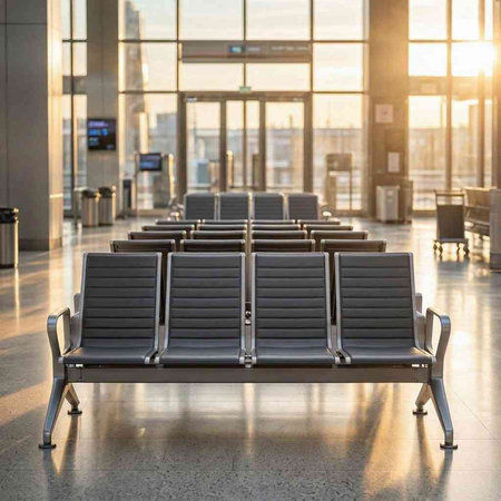 Empty airport terminal waiting area with seats. Travel concept. 3D Rendering