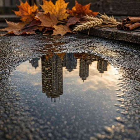 Reflection of the building in a puddle with autumn leaves.
