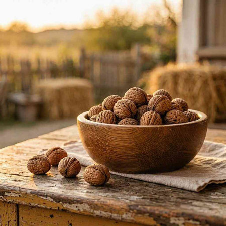 Walnuts in a wooden bowl on a rustic wooden table.