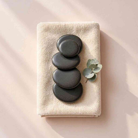 Spa still life with zen stones and eucalyptus branch on beige background