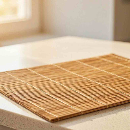 Bamboo table mat on a white kitchen countertop with copy space