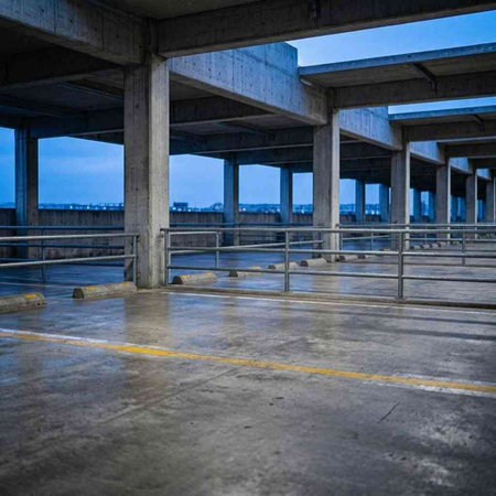 Empty parking lot in a car park with a view of the city