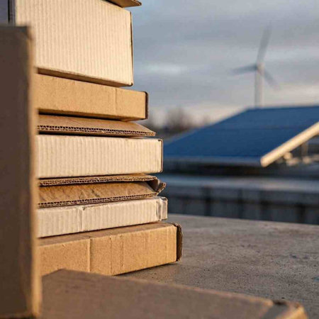 Stack of cardboard boxes on the roof of a modern solar power plant
