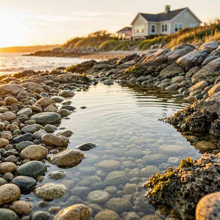 A beautiful shot of a rocky beach with a house in the background