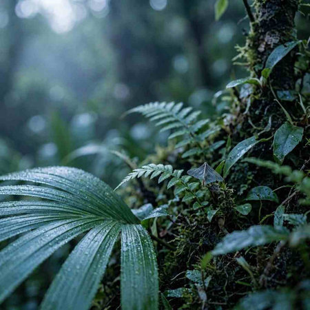 Beautiful tropical rainforest with ferns and leaves. Nature concept.