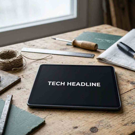 Tablet with technology text on the screen. Workplace background.