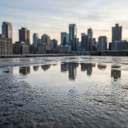Reflection of skyscrapers in a puddle on the ground