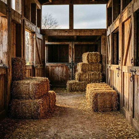Bales of hay in the stable. Rural scene. Agriculture.