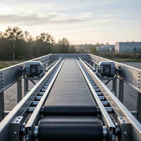 A conveyor belt on a road in the countryside. Industrial background.